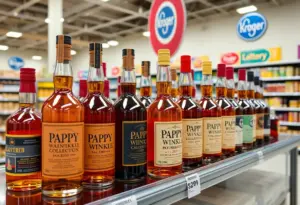 Display of Pappy Van Winkle bourbon bottles at Kroger during lottery event