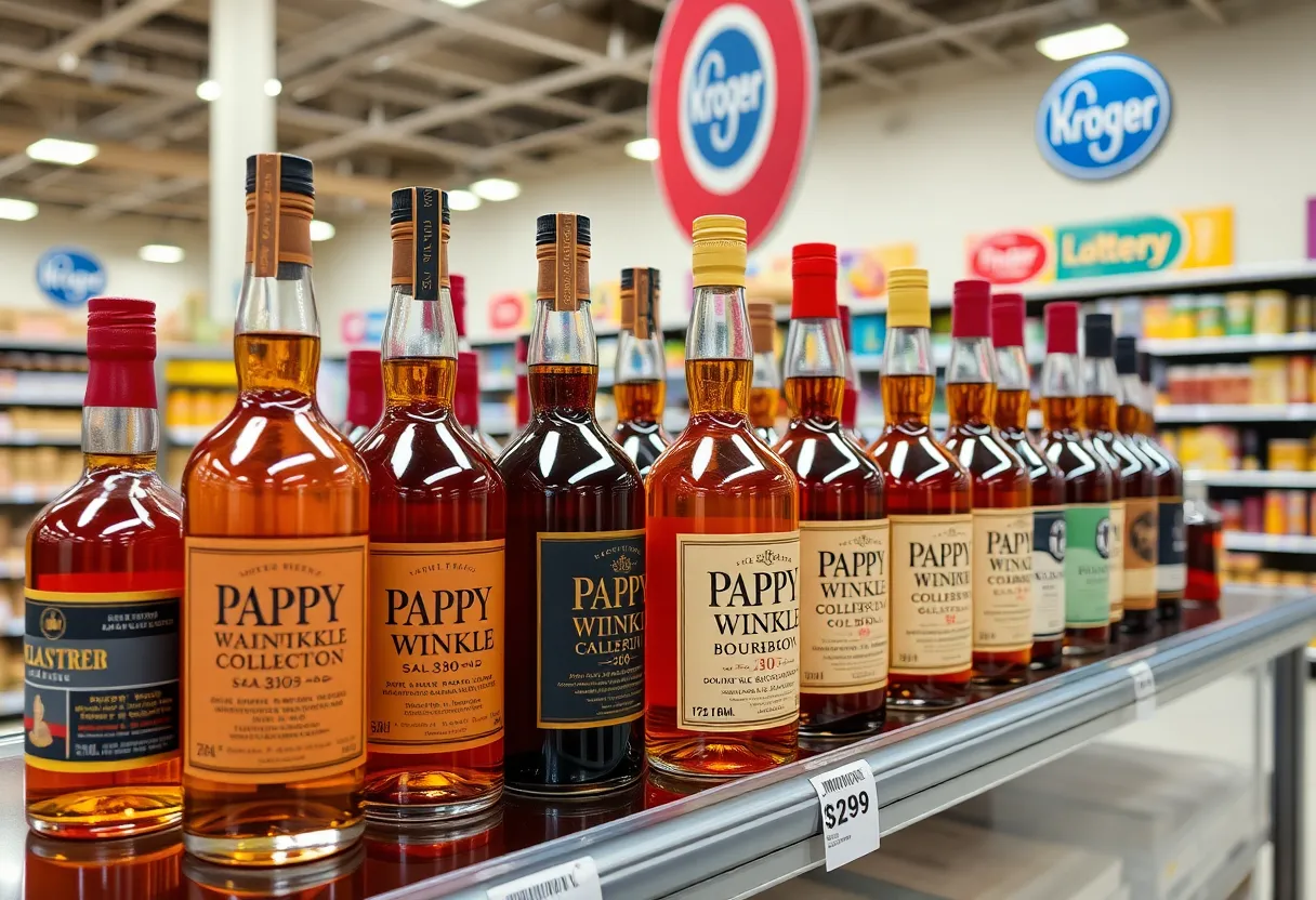 Display of Pappy Van Winkle bourbon bottles at Kroger during lottery event