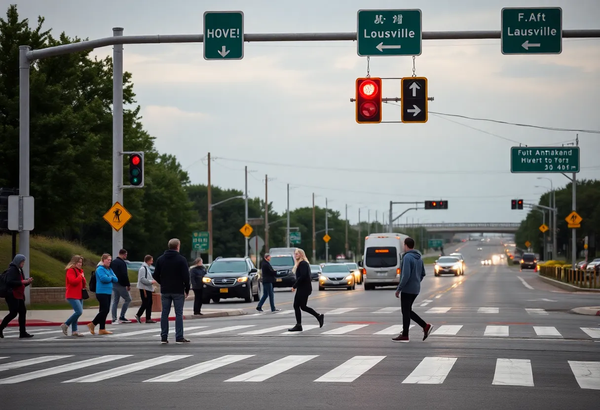 Busy Preston Highway in Louisville with pedestrians near a crosswalk