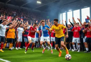 Soccer transfer announcement featuring jerseys and soccer balls