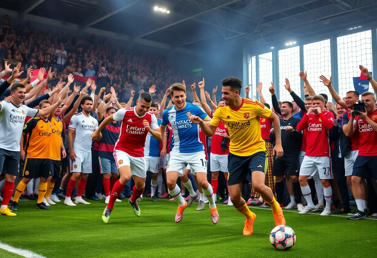 Soccer transfer announcement featuring jerseys and soccer balls