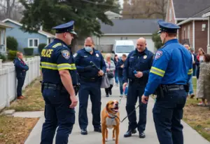 Police officers arresting a woman in a neighborhood