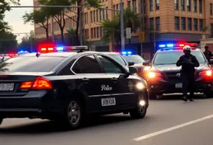 Police cars chasing a vehicle in an urban environment during a vehicle theft pursuit.