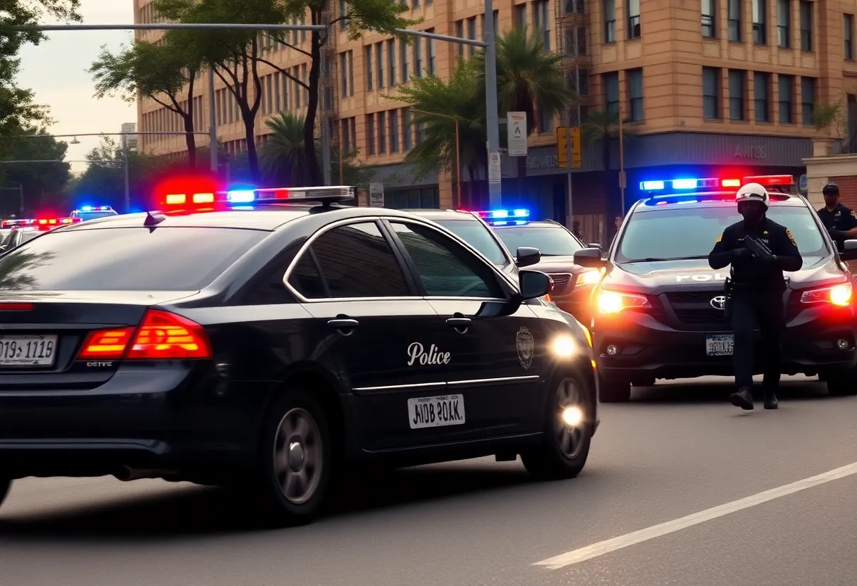 Police cars chasing a vehicle in an urban environment during a vehicle theft pursuit.