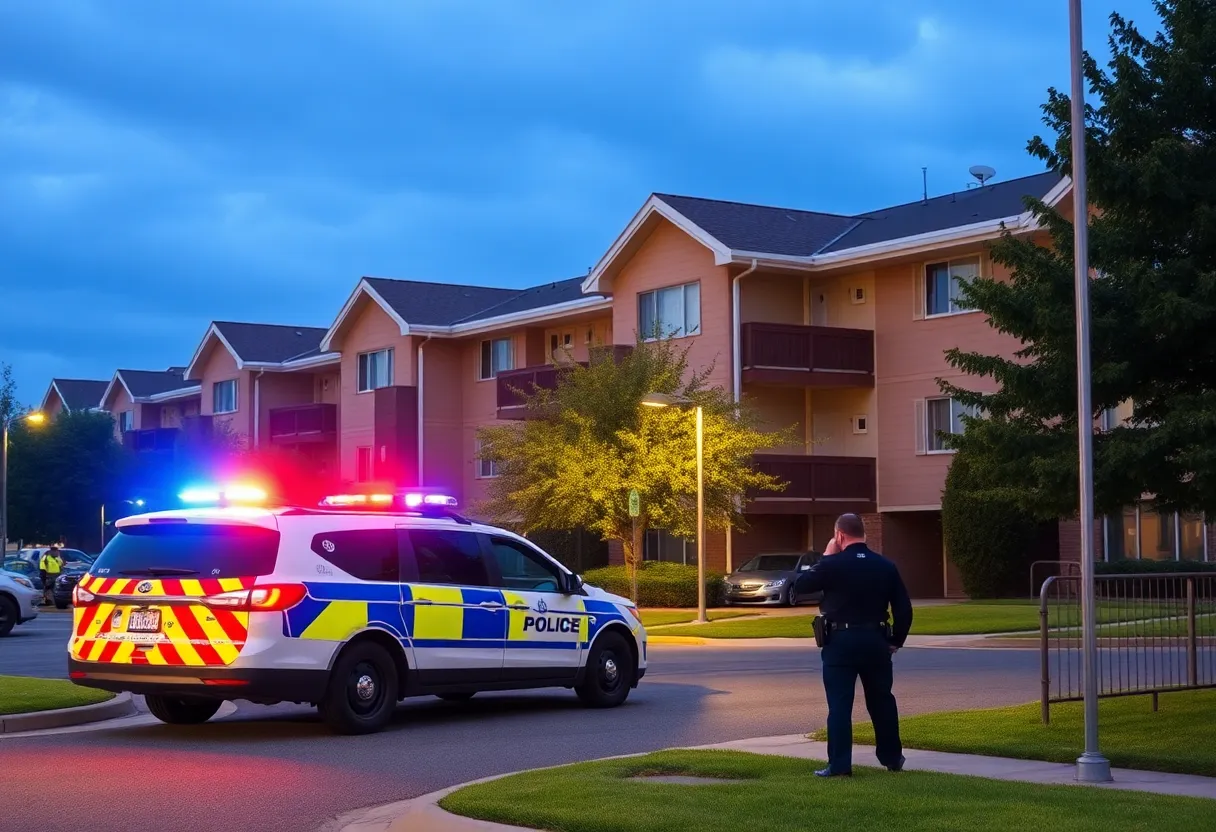 Police officers and vehicles at an apartment complex