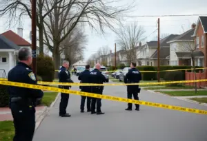 Police officers at a scene cordoned off with tape in a residential area