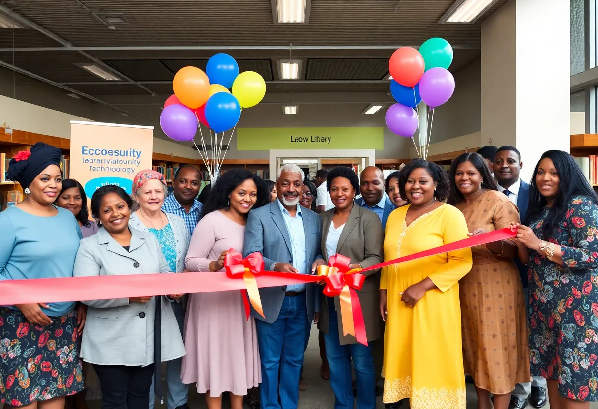 Community members at the Portland Public Library reopening event, celebrating with a ribbon-cutting ceremony.