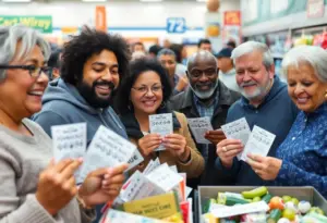 Residents receiving Powerball coupons at Valley Station Kroger