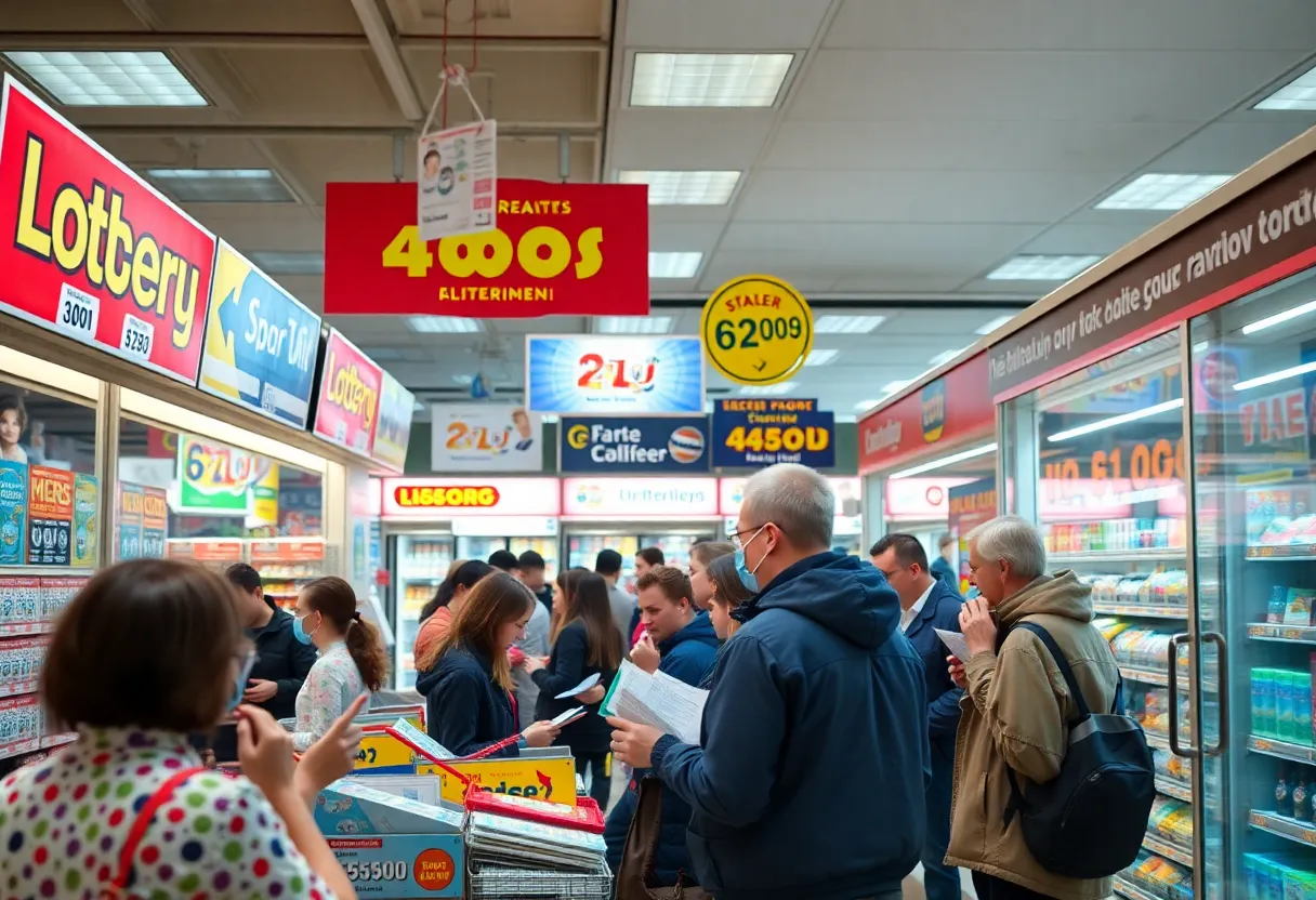 Happy customers checking lottery tickets at a Kroger store