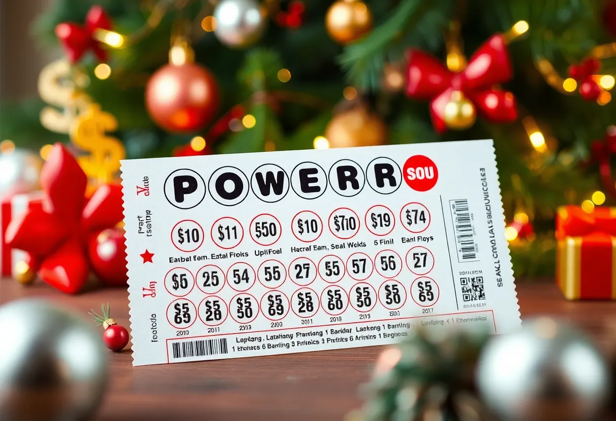 Powerball lottery ticket surrounded by Christmas decorations