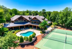 Exterior view of a custom-built luxury home in Prospect, Kentucky with a swimming pool and tennis courts.