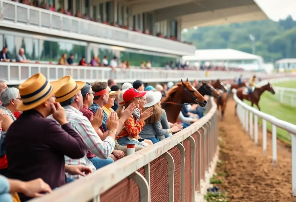 Crowd enjoying horse racing from reserved seating at Churchill Downs