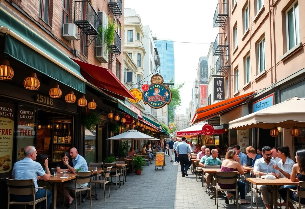 Various restaurants with outdoor dining and happy patrons