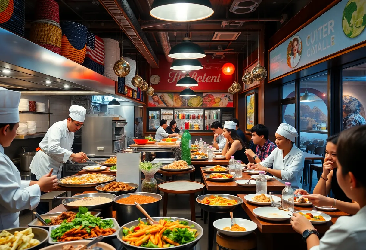 A lively restaurant atmosphere with chefs and diners to illustrate restaurant trends.