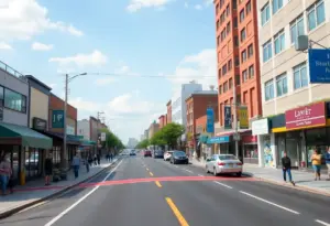 Newly opened River Road in Louisville with businesses and pedestrians