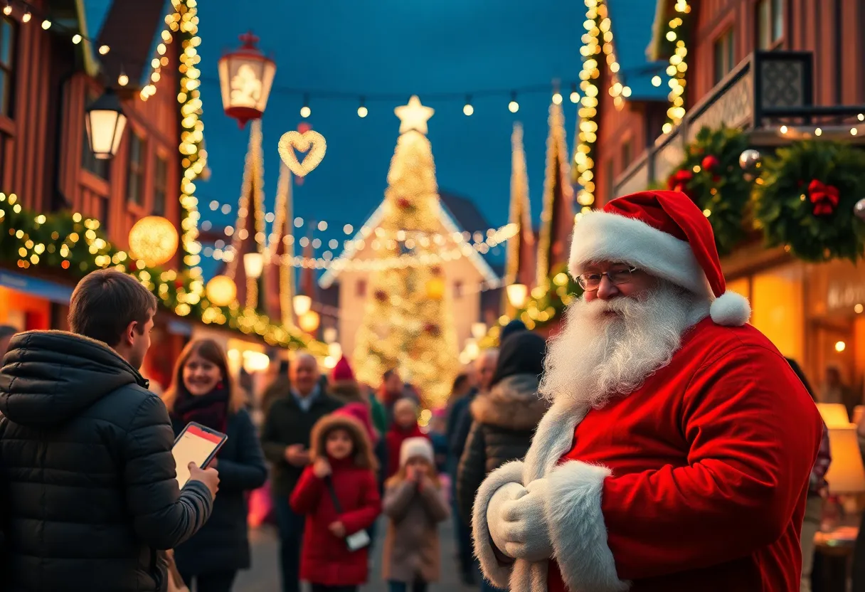 A vibrant holiday celebration at Westport Village with festive lights and music.