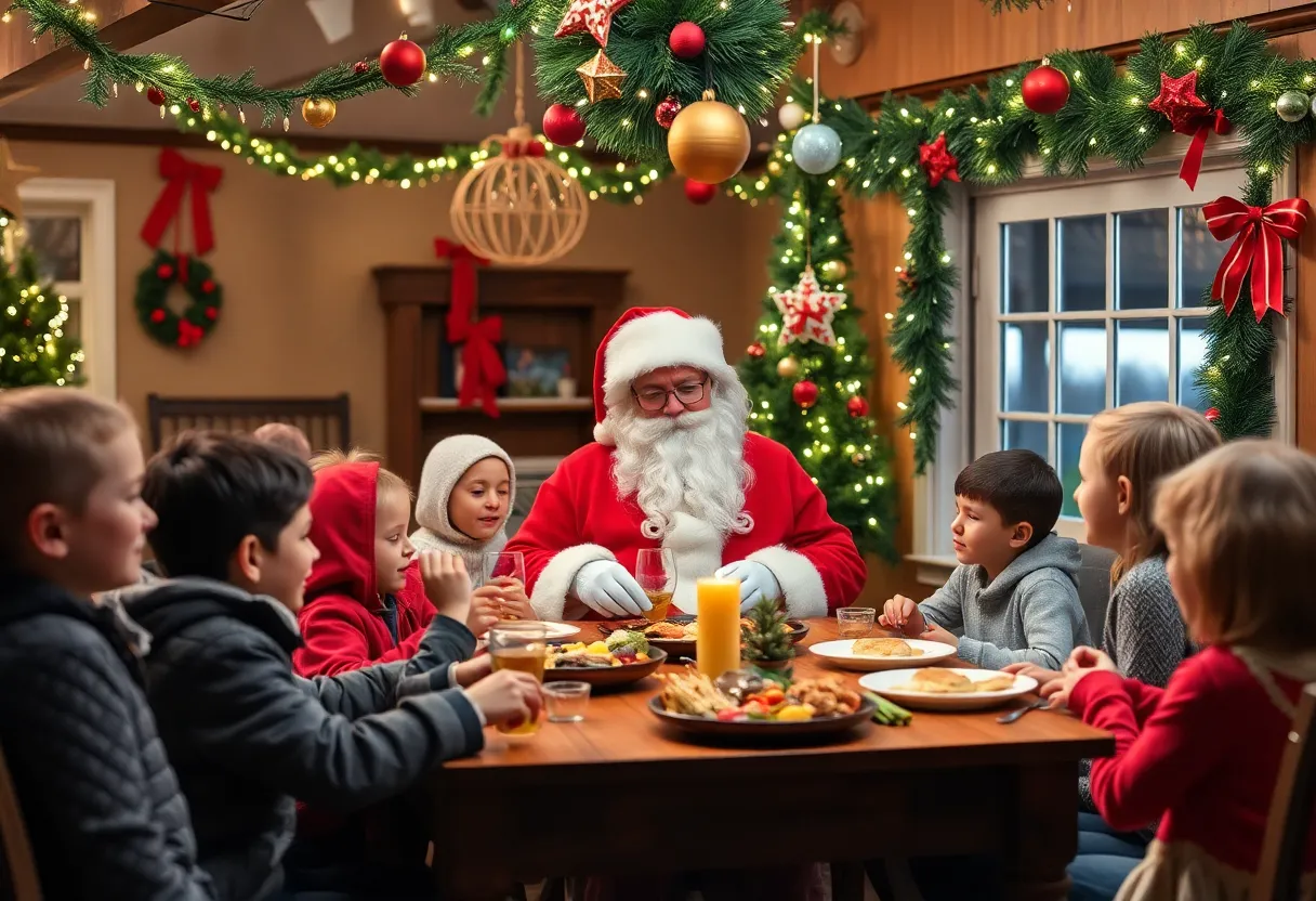 Families celebrating at the Ronald McDonald House with festive decorations and Santa Claus.
