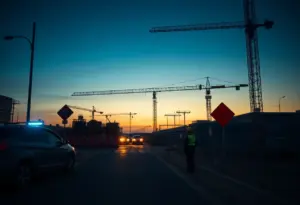 Construction zone with safety signs and police presence