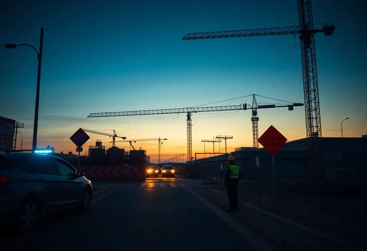 Construction zone with safety signs and police presence