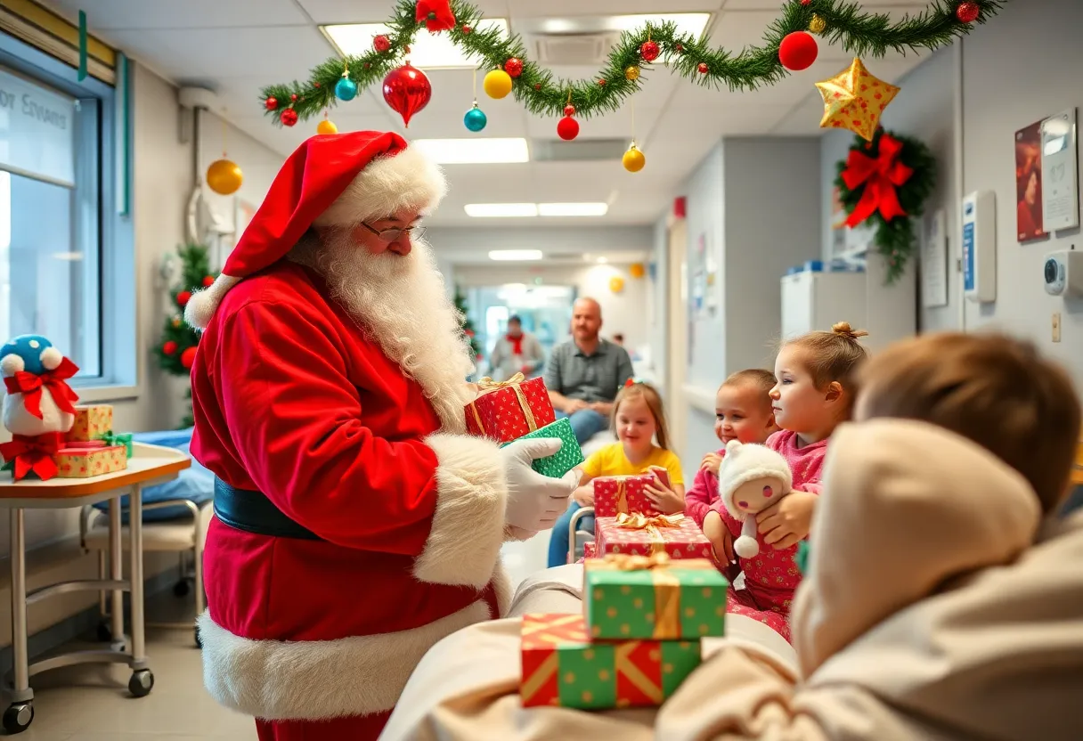 Santa Claus distributing gifts to children in a hospital setting