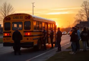 Police intervening on a school bus with students observing.
