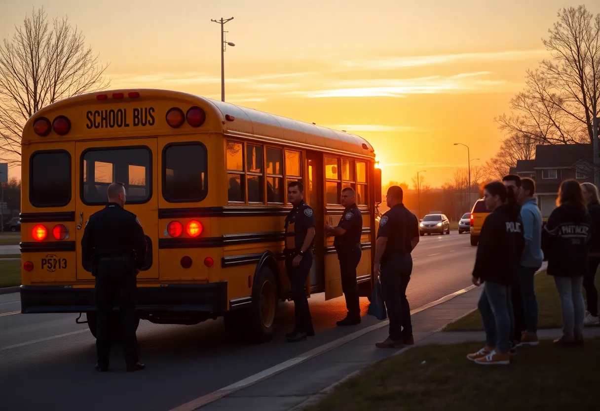 Police intervening on a school bus with students observing.