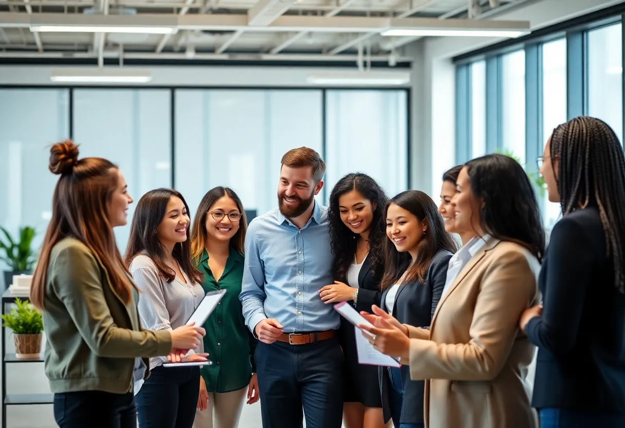 A diverse team collaborating in a modern office