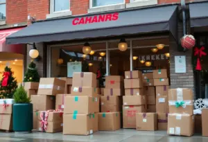Piled up shipping boxes outside a small business storefront