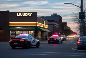 Scene of a liquor store with police presence and caution tape after a shooting incident.