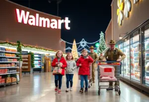 Children and troopers shopping together at a holiday event.