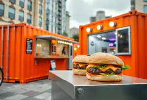 Bright-orange shipping container units of Smalls Sliders serving cheeseburger sliders
