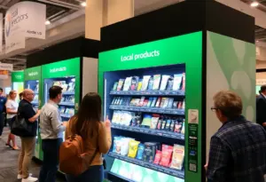 Smart vending machines displaying local Kentucky products in a convention center.