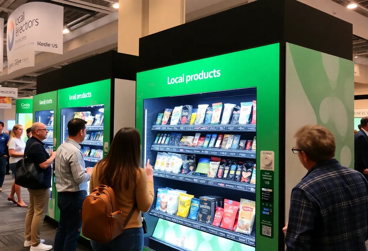 Smart vending machines displaying local Kentucky products in a convention center.