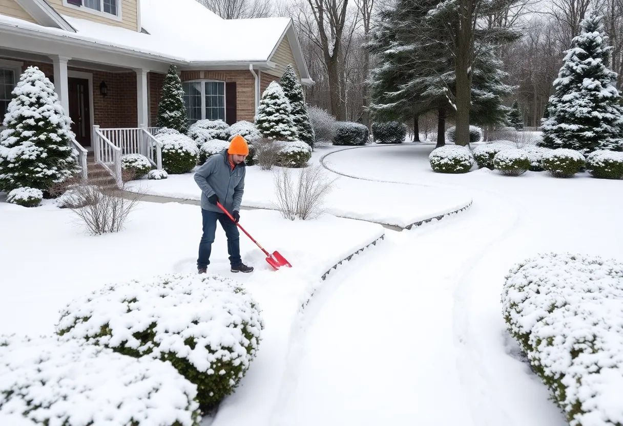 Louisville Landscape Pros providing snow removal services in a snowy residential area.