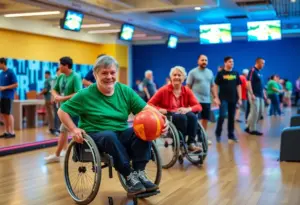 A diverse group of athletes participating in the Special Olympics Kentucky Bowling Tournament, emphasizing inclusion and teamwork.