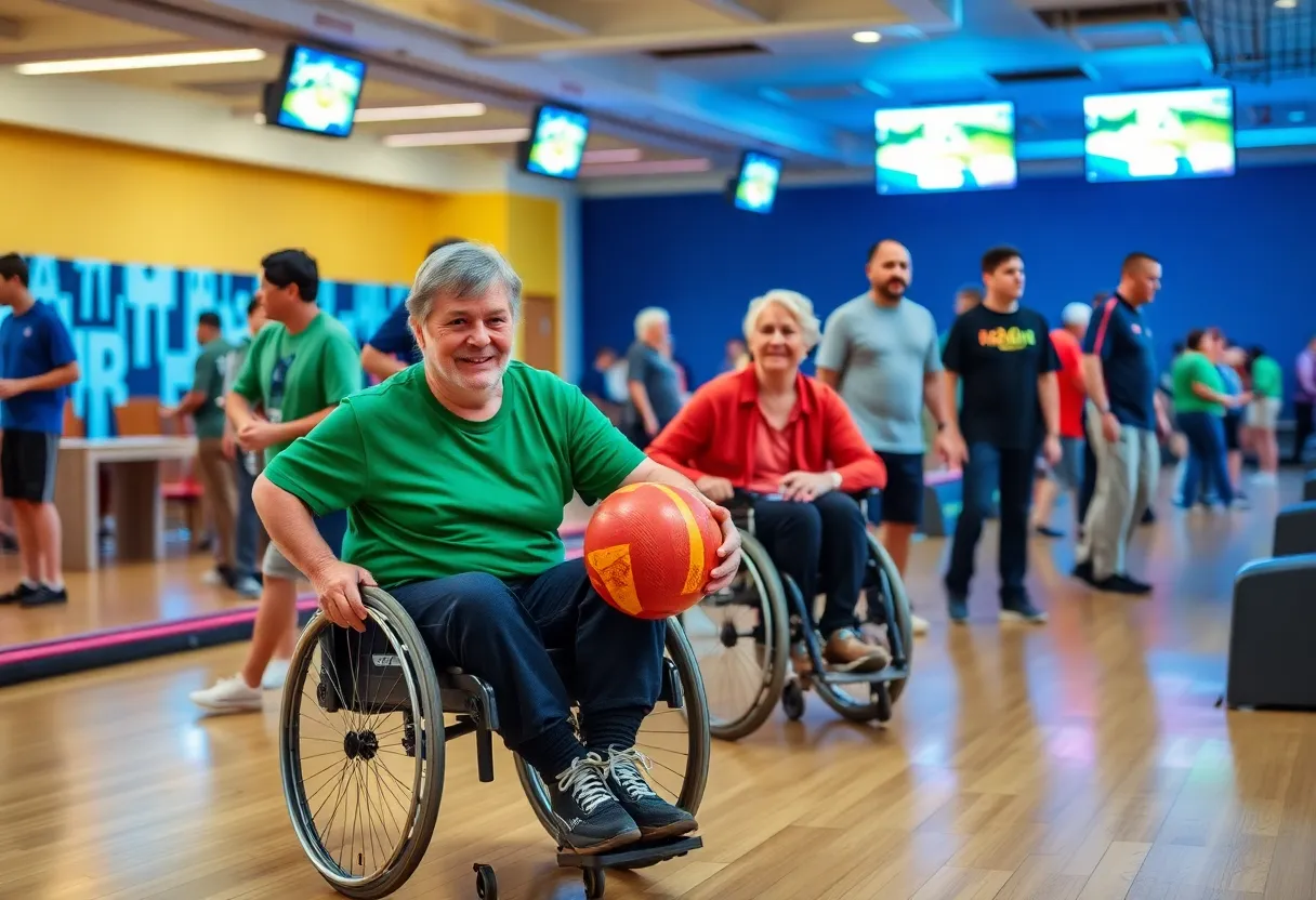 A diverse group of athletes participating in the Special Olympics Kentucky Bowling Tournament, emphasizing inclusion and teamwork.