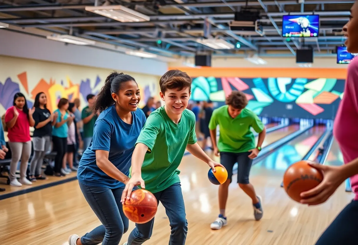 Athletes participating in the Special Olympics Kentucky Bowling Tournament at a local bowling alley.