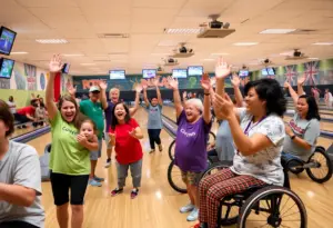 Athletes participating in the Special Olympics Kentucky Bowling Tournament in a lively bowling alley.