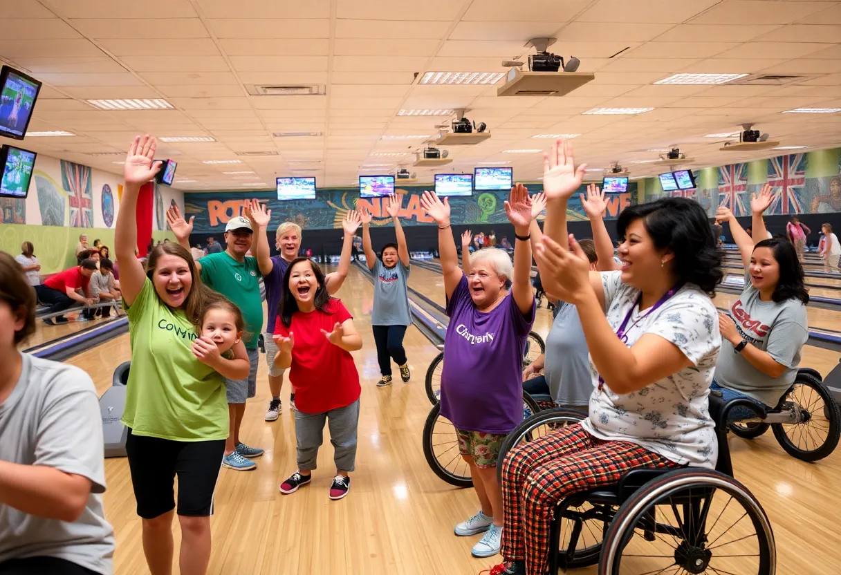 Athletes participating in the Special Olympics Kentucky Bowling Tournament in a lively bowling alley.
