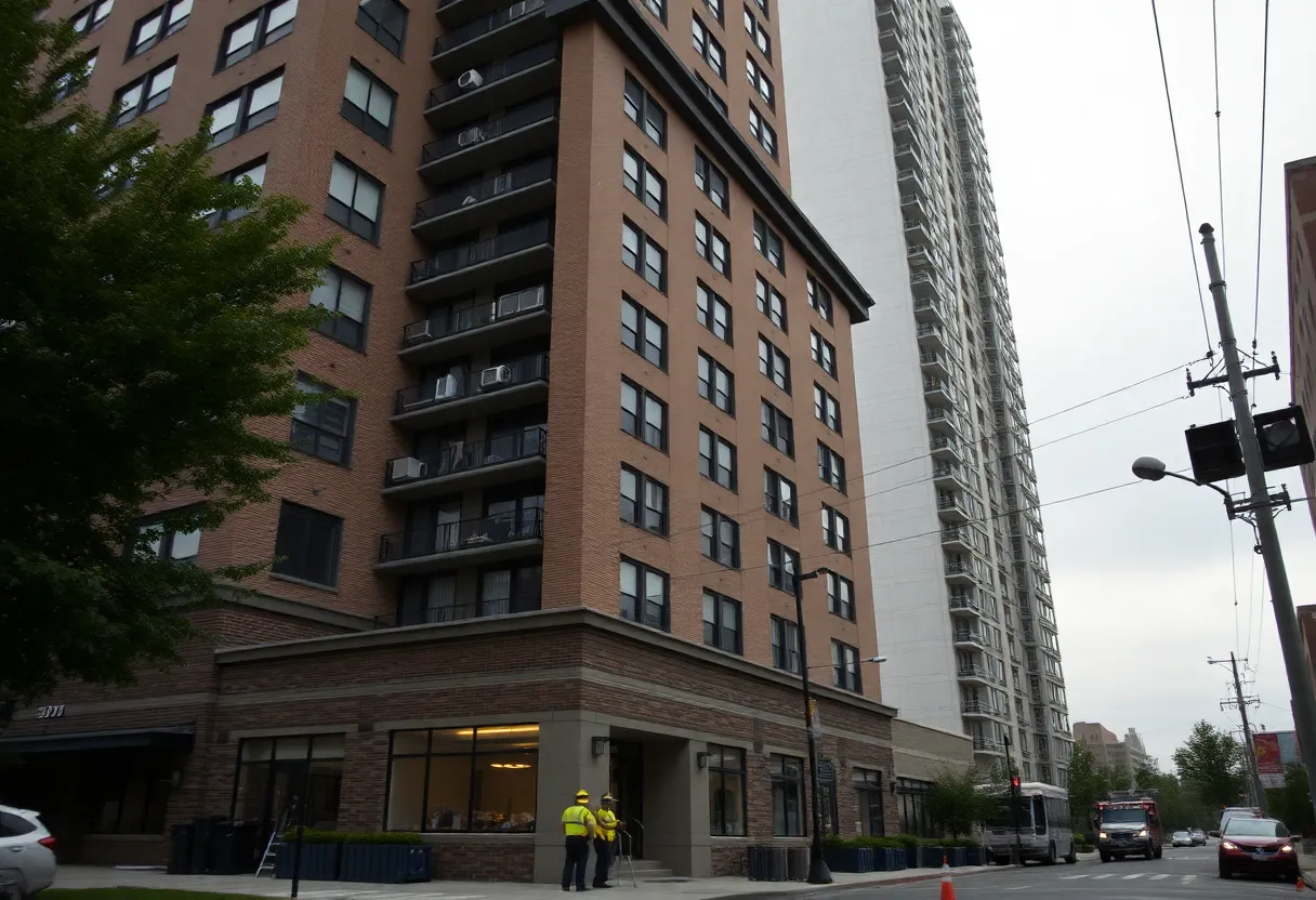 Emergency response team at St. Catherine Court high-rise after electrical fire.