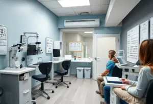 Optometry examination room with eye care equipment