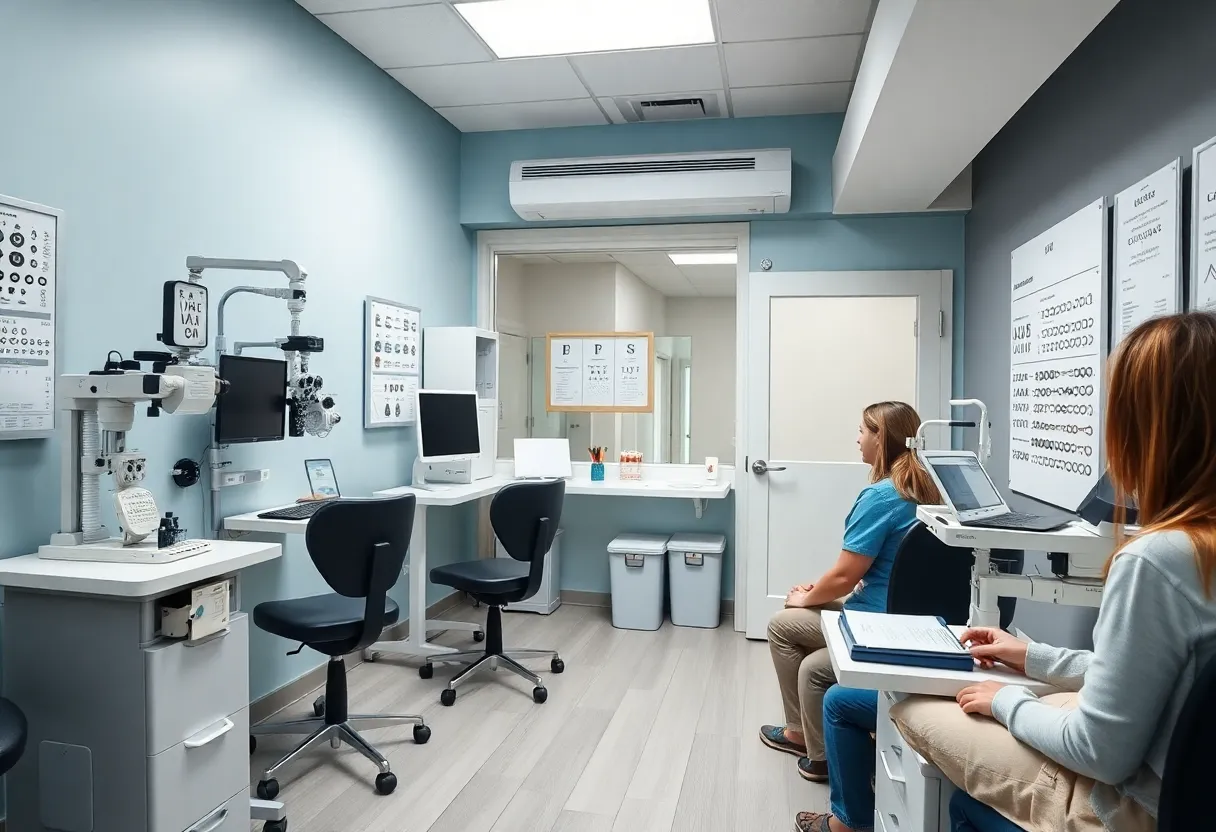 Optometry examination room with eye care equipment