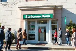 Bank branch with community members interacting outside.