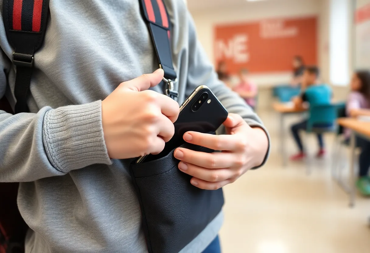 High school student storing smartphone in a lockable pouch.