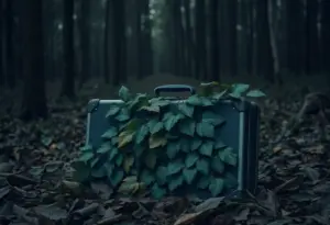 A suitcase lying in a wooded area, symbolizing a tragic crime case.