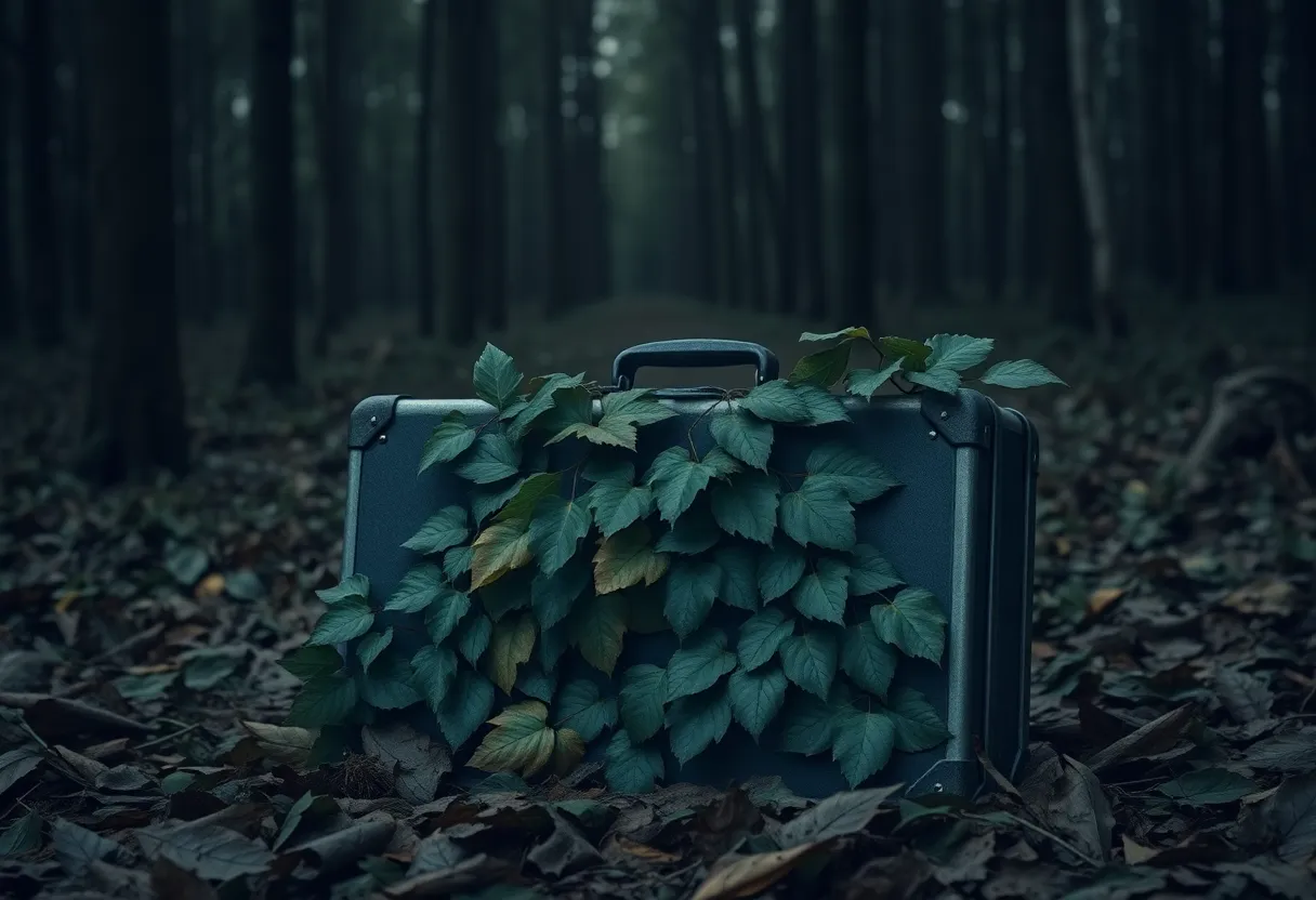 A suitcase lying in a wooded area, symbolizing a tragic crime case.