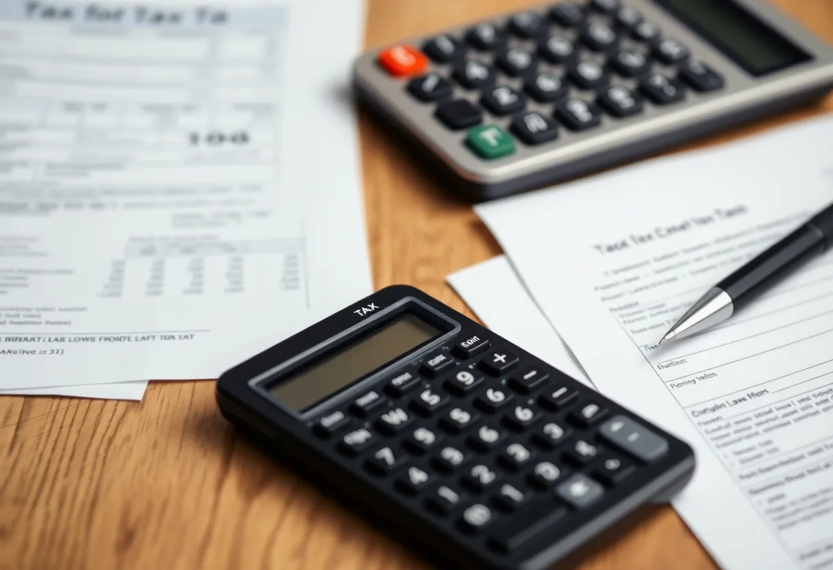 Financial documents and calculator representing tax preparation