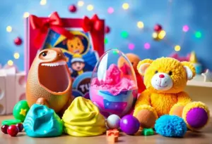 Display of the top holiday toys for 2025 including colorful dinosaur egg and sensory putty.