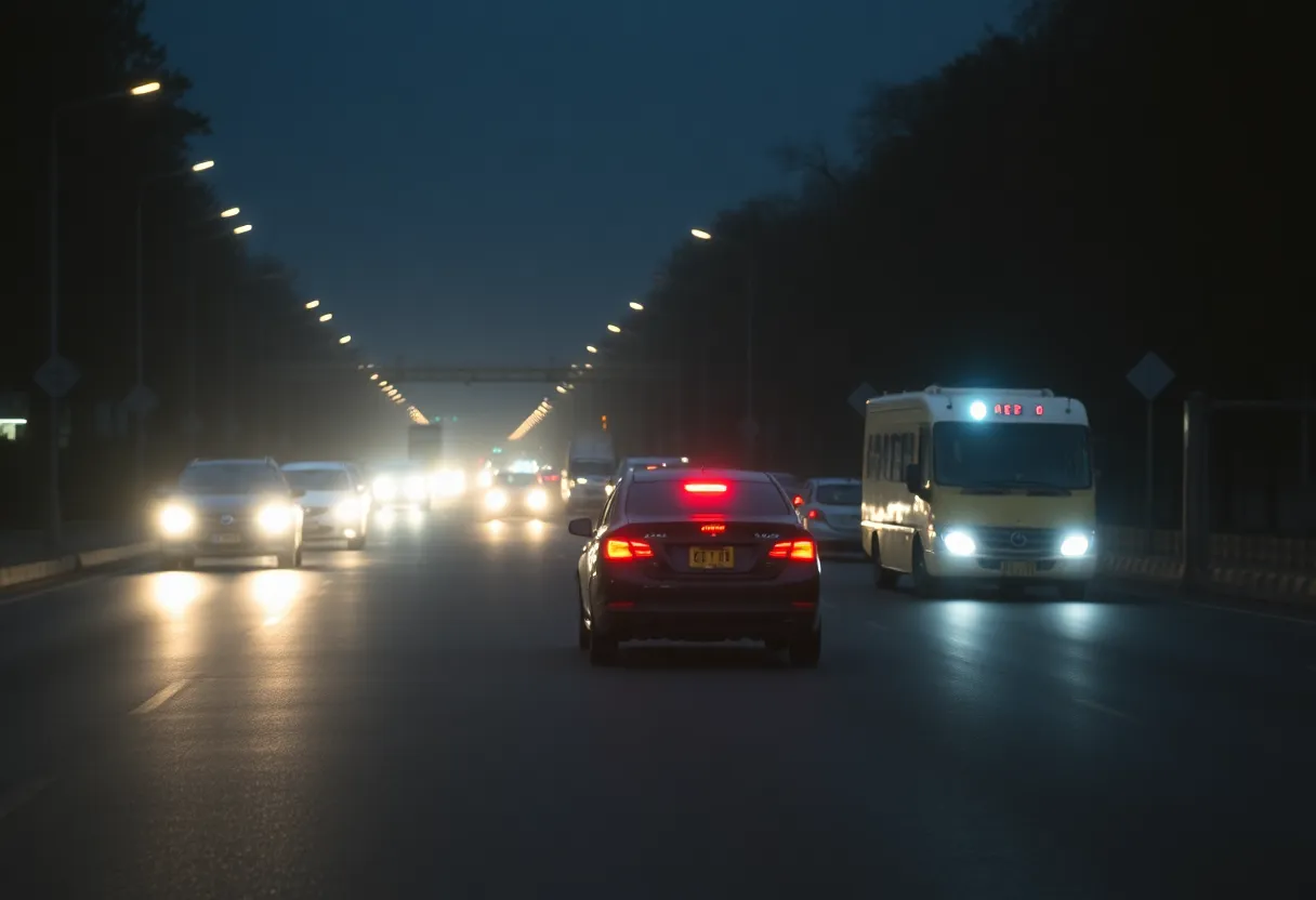 Traffic accident scene on a city road with poor visibility