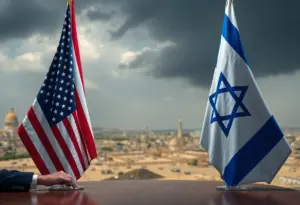 Illustration of U.S. and Israeli flags in a tense diplomatic setting
